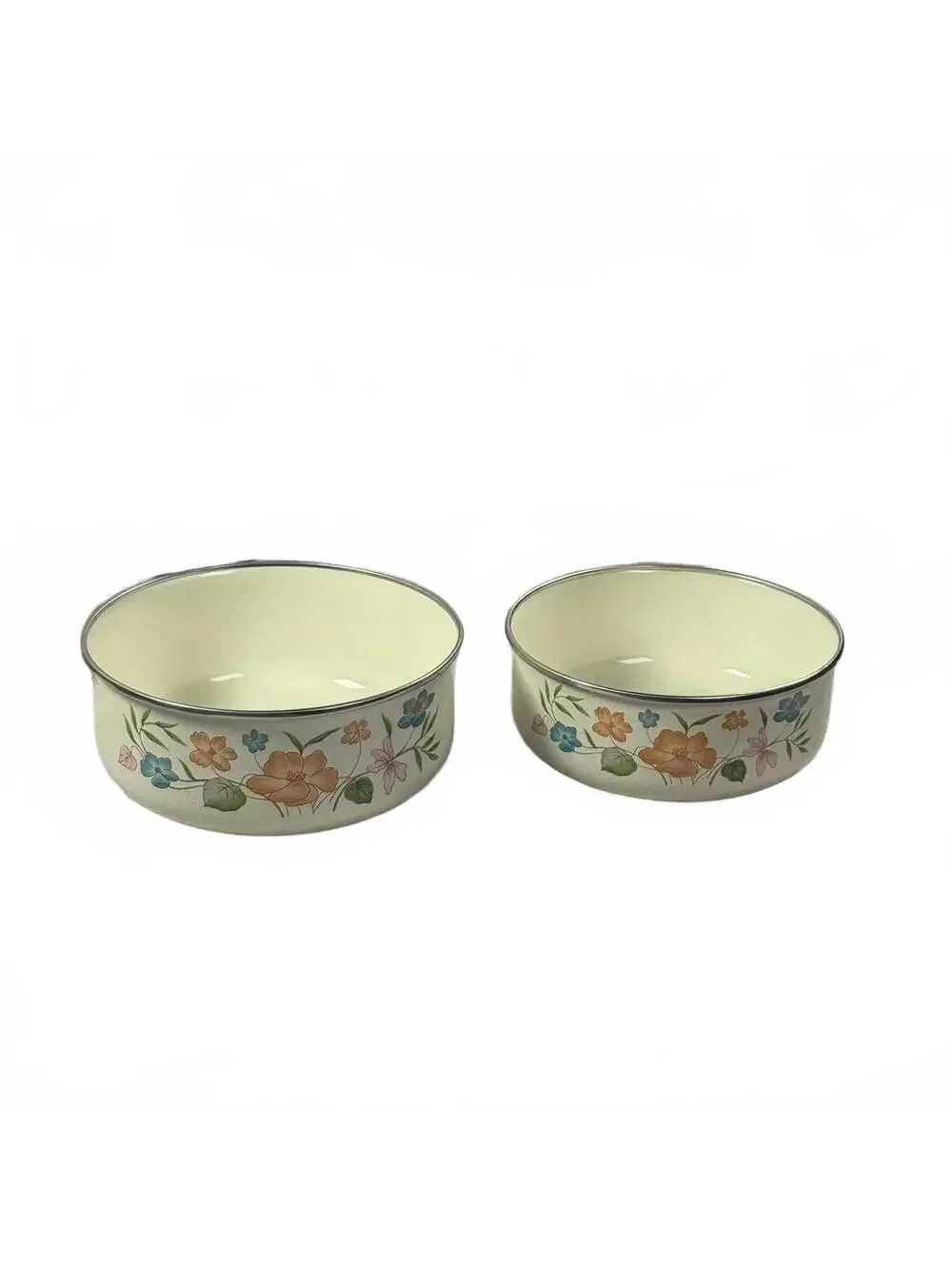 1980s Metal Enamelware Nesting Bowls Pair Floral Design Cottage Core Kitchen